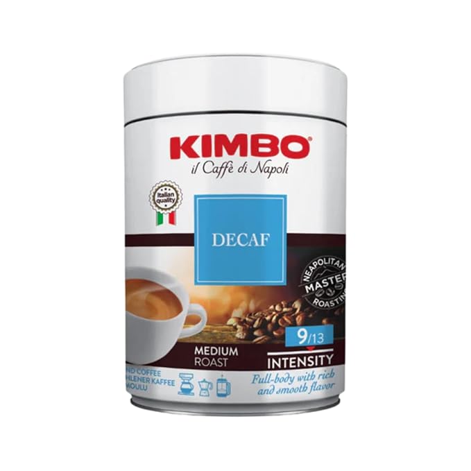 Kimbo Espresso Decaffeinato Ground Coffee - Blended and Roasted in Italy - Medium Roast with a Full-body Rich and Smooth Flavor - 8.8 oz Can