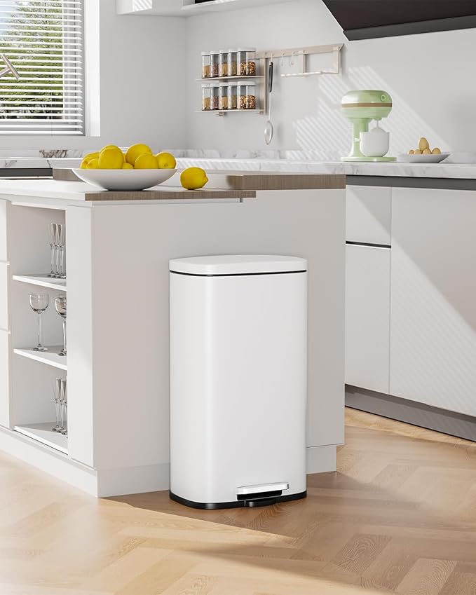 Arlopu13.2 Gallon Step Trash Can, Stainless Steel Garbage Bin, Soft-Close Rubbish Bin with Removable Plastic Inner Bucket, Fingerprint-Proof, Lid Dustbin, Suit for Kitchen Home (White, 50L)