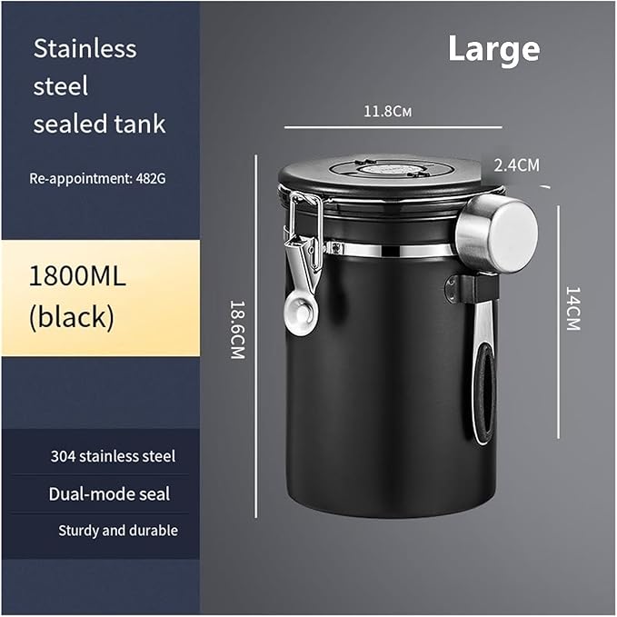 1200/1500/1800/2800ML Large Capacity Coffee Bean Vacuum Storage Container - Food-Grade Stainless Steel Airtight Canister With One-Way Air Valve For Grains, Tea, Nuts & Coffee Grounds(Silver,Large)