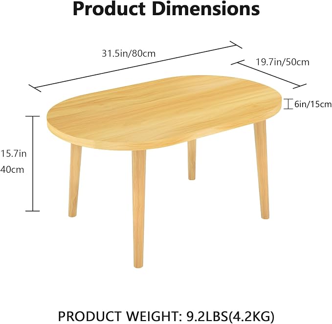 Oval Coffee Table Low Table with 4 Solid Wood Sturdy Legs,Floor Table Desk for Sitting on The Floor,19.7"D x 31.5"W x 16"H Inches,Living Room/Toy room Furniture,Rental house Furniture (Natural-Oval)