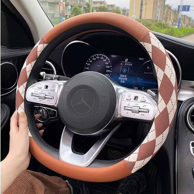 Steering Wheel Cover, Pink and White Diamond Pattern, 15 Inch, Anti-Slip Leather (Brown)