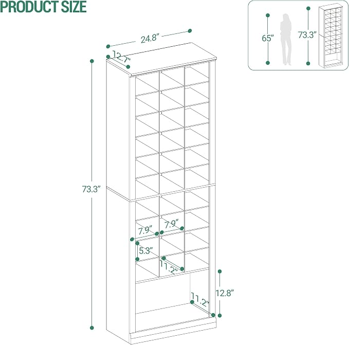 Hzuaneri 11 Tiers Shoe Storage Cabinet, Tall Shoes Cabinet with Cubby, Freestanding Wooden Shoe Organizer, 30-33 Pairs, Shoes Cubby Organizer for Entryway, Bedroom, Black SR02004X
