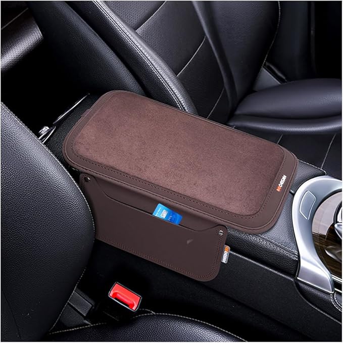 Car Center Console Cover, Leather Furry Fluffy Armrest Seat Box Cushion Pad with 2 Storage Bags, Comfortable Auto Interior Middle Console Protector, Compatible with Most Vehicle (Coffee)