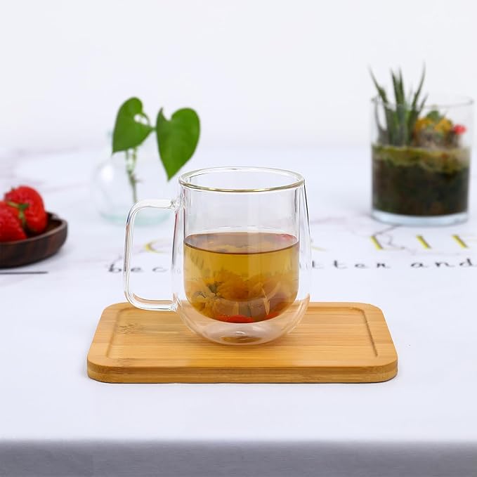 Double Wall Glass Coffee Mugs with handle - 8.45 oz Insulated Clear Coffee Mugs Set of 2, Perfect for Espresso, Cappuccino, Latte, Americano, Tea Bag, Beverage (250ml/8.45,set of 2)
