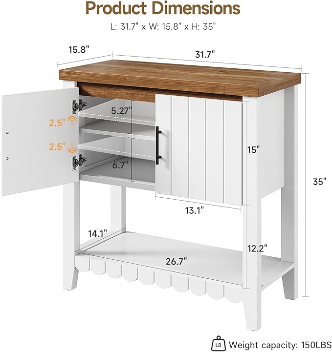 31.7" Entryway Table Console Table with Storage, Coffee Bar Cabinet with 2 Doors, Farmhouse Narrow Sofa Table w/Open Storage Shelf, Buffet Cabinet Sideboard for Living Room, Entryway, Foyer White