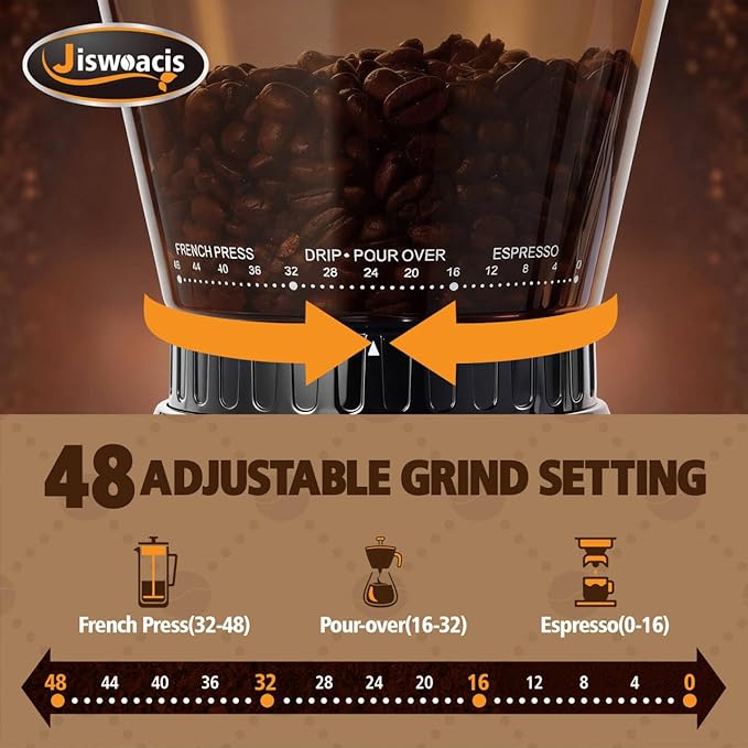 Burr Coffee Grinder, Electric Conical Coffee Bean Grinder With 48 Grind Settings Anti-static Burr Mill, Precision Electronic Timer, for Espresso/Drip/Cold Brew/French Press, Stainless Steel, Silver