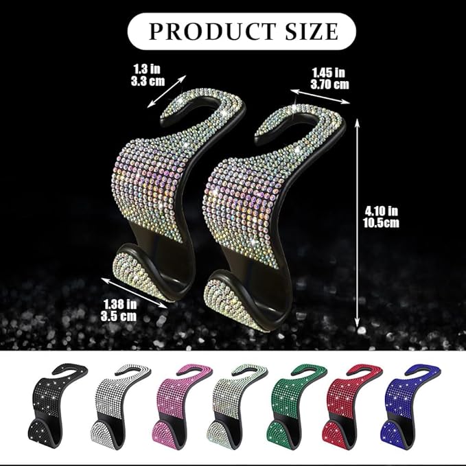 2PCS Car Seat Hooks, Purse Hook for Car, Crystal Rhinestone Vehicle Backseat Purse Holder, Auto Accessories Diamond Auto Seatback Storage Organizer Hanger for Handbag Clothes Purse (Colorful)