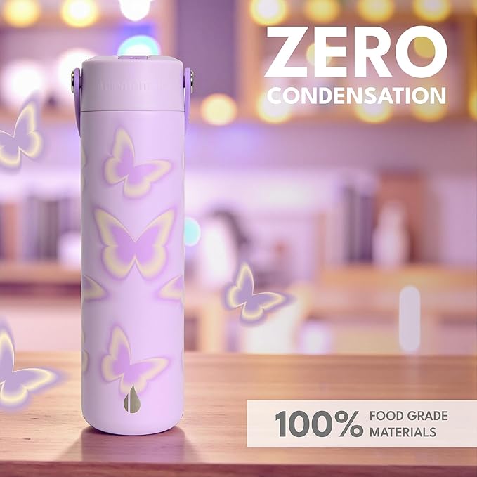 Elemental 24oz Insulated Water Bottle with Straw - 100% Leak-Proof Stainless Steel Core Water Bottles for Travel, Sports and Gym - Double Wall Insulation & BPA Free - Butterfly Kiss