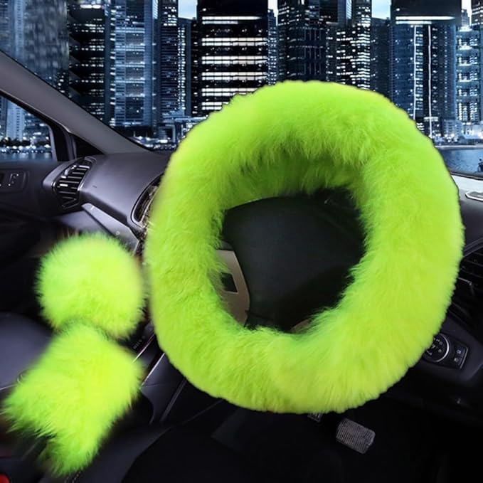 15inches Universal Leather Car Steering Wheel Cover Car Accessories Colorful Fuzzy Steering Wheel Cover Gear Shift Cover Handbrake Cover (neon Green)