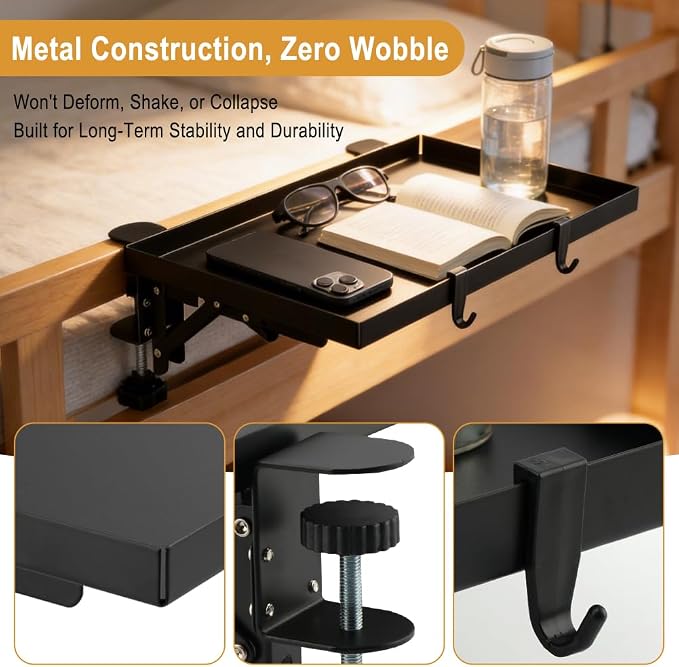 Foldable Bedside Shelf Set, Clip-On Bed Shelf with T-Shaped Cord Hole & Hook, Clip-On Table for Top Bunk, Clip-On Nightstand for College Dorm Loft Bed
