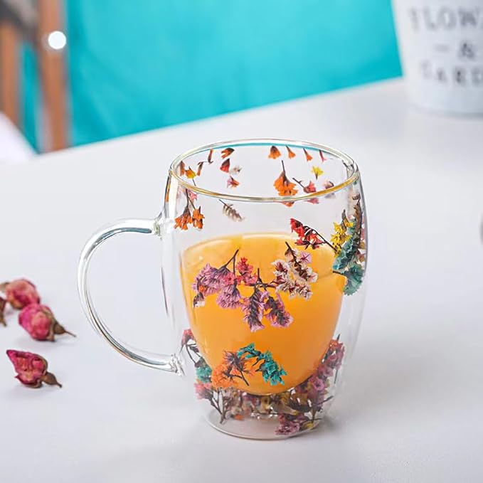 Flower Double Wall Clear Glass Coffee Mugs Creative Clear Glass Cups with Handle Flowers Double Insulated Glass Cup for Hot Cold Beverages Cappuccino Latte, Espresso Juice Glass Coffee Cups