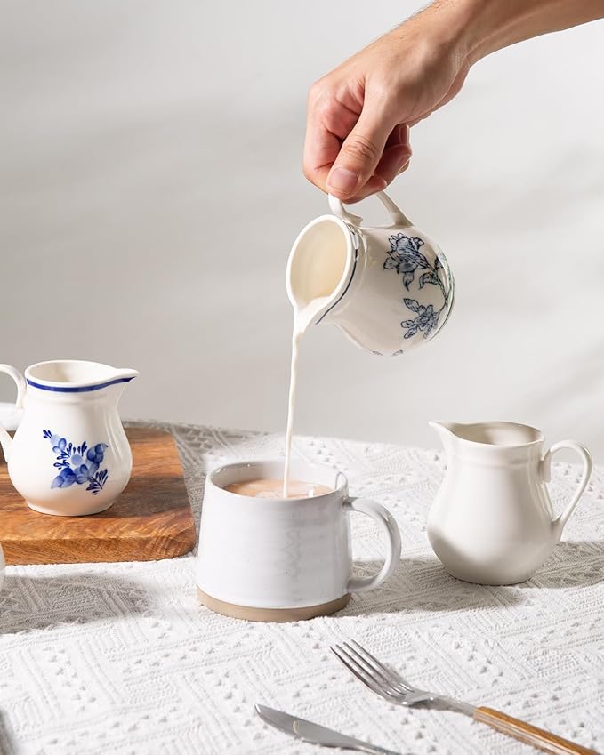 8Oz Creamer, Ceramic Milk Creamer Pitcher with Handle, Flowers