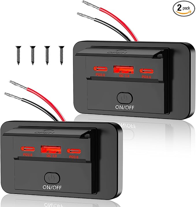 2PCS 3 Ports 12V RV USB Outlet 90W, Dual PD3.0 Type-C Quick Charge 72W & USB QC3.0 18W Panel Wall Mount, Automotive Car Socket Charger Adapter for RV Marine Boat Bus ATV Motorcycle Truck