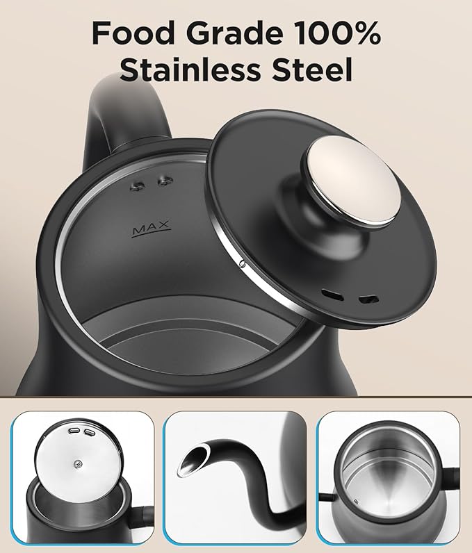 KOIOS Gooseneck Electric Kettle with ±1℉ Temperature Control & Mute Mode, 0.8L Pour Over Kettle for Coffee & Tea, 1200W Quick Heating Stainless Steel Water Boiler with 4Hrs Keep Warm, Matt Black