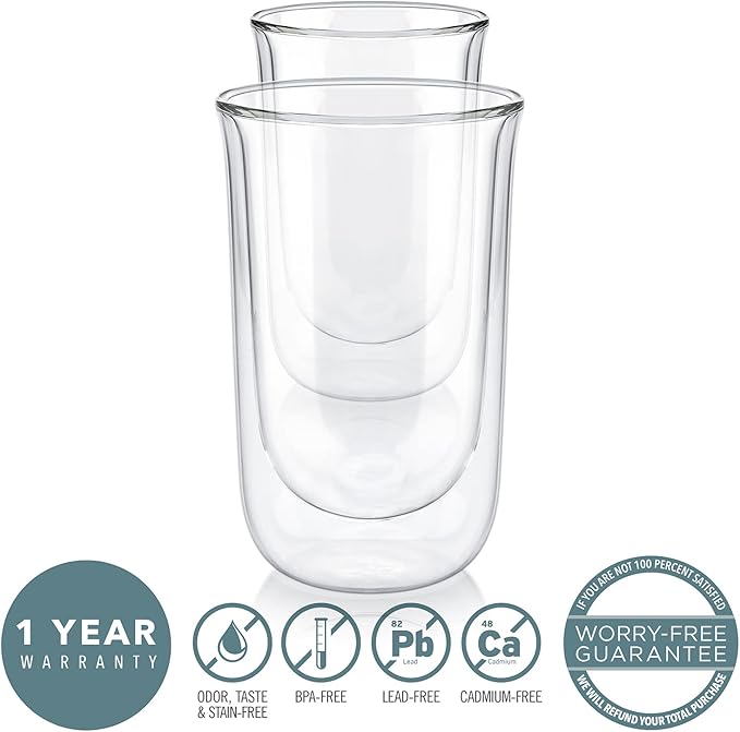 Teabloom Tulip Insulated Glasses for Tea, Coffee and other Beverages - Double Walled Borosilicate Glass Keeps Drinks Hot/Cold, 12 oz (Set of Two)