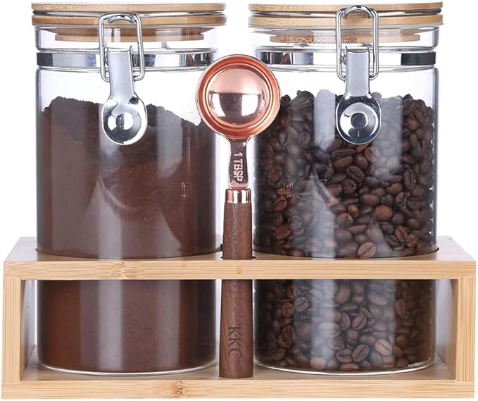 KKC HOME ACCENTS Glass Food Storage Jars with Airtight Locking Clamp Bamboo Lids,Coffee Bean Storage Containers,Sealed Glass Container with Scoop for Coffee Ground,Tea,Nut,Sugar,Coffee Holder