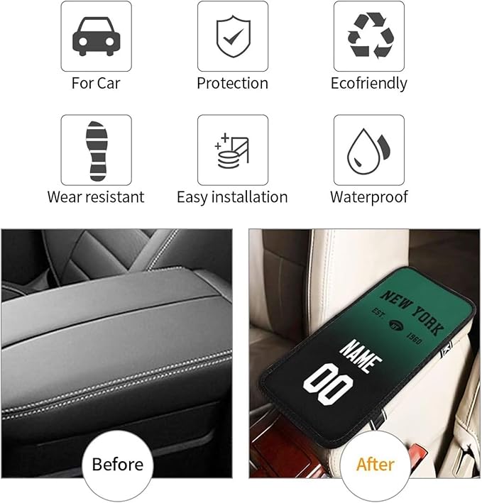 Custom Car Armrest Cover,Add Personalized Name and Number As Gifts for Loyal Football Fans,Auto Center Console Pad Car handrail Box Cushion,Fit for Most Car