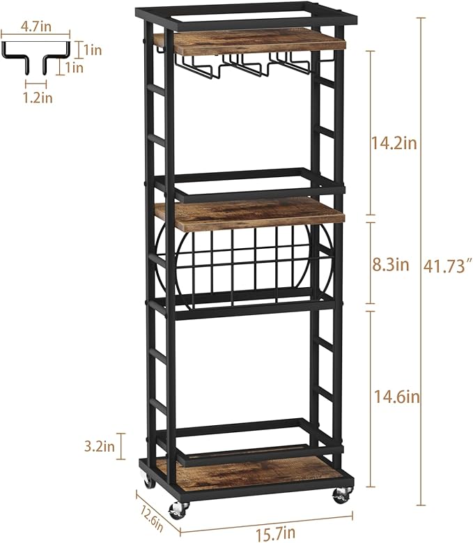 4 Tier Bar Cart for Home with Wheels,Home Bar Serving Cart, Rolling Mini Wine Cart with Wine Rack and Glass Holder, Drink Cart for Dining Room, Living Room, Kitchen, Bar and Outdoor, Rustic Brown