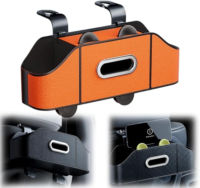 Multifunctional Car Back Seat Storage Organize with Tissue Holder, 2 Cup Holders and Purse Hooks, For Phones, Snacks, Drinks, Bags, Travel Storage (Orange)