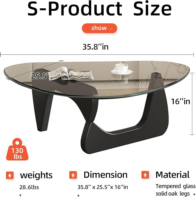 Modern Glass Coffee Table for Living Room, Mid Century Coffee Table, Small Coffee Tables, Suitable for Bedroom Living Room Reception Office Tables (Black/Transparent, Medium)