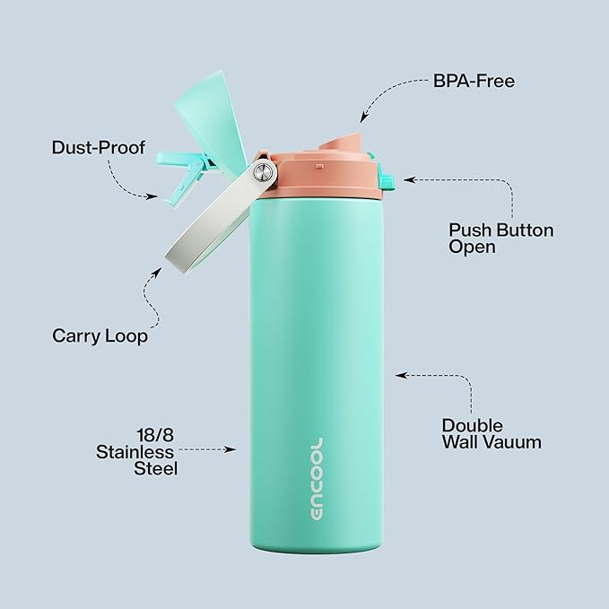 Insulated Water Bottle with Straw - Encool Stainless Steel Water Bottle with Push Button Lid, Leak-Proof & BPA-Free, Keeps Cold for 24 Hours for Sports, Travel, Gym (24 oz, Turquoise)