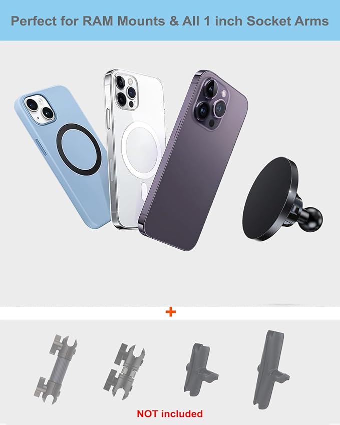 Aluminum Alloy Magnetic Phone Holder for Ram Mounts, 1" (25mm) Ball Mount Base Adapter Compatible with Magsafe iPhone 12-17 Series, Universal for B Size Ball Double Socket Arms