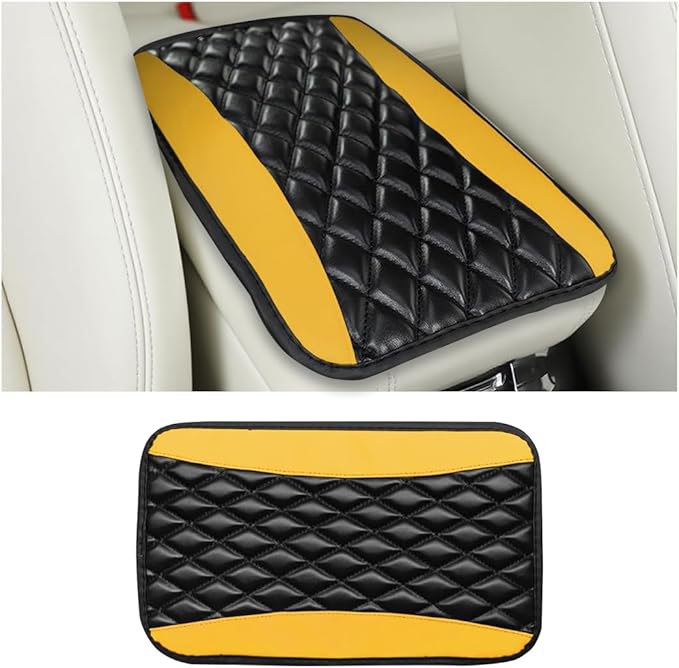 Car Center Console Cover, Comfortable PU Leather Vehicle Armrest Storage Box Cushion Pad, Anti-Scratch Automotive Interior Arm Rest Cover Protector, Universal for Truck SUV Sedan (Yellow)