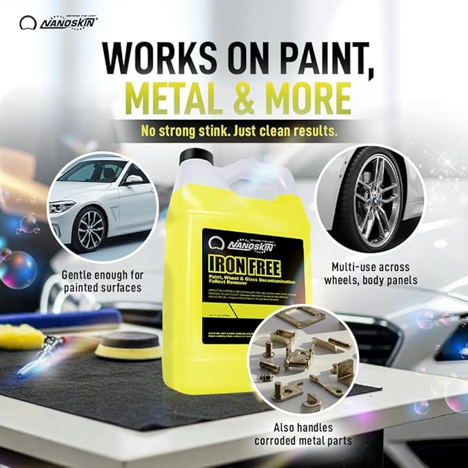 Nanoskin IRON FREE Paint, Wheel and Glass Decontamination Fall Out Remover 30 Gallons - Removes Iron Particles in Car Paint, Motorcycle, RV & Boat | Use before Clay, Wax or Car Wash for Car, Yellow