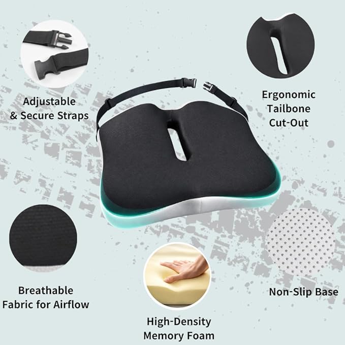 Large Truck Seat Cushion for Drivers – Ergonomic 18.5" Wide Memory Foam Seat Pad with Breathable Mesh, Anti-Slip Base & Secure Strap – Driving Seat Cushion for Truck Driver Comfort on Long Hauls