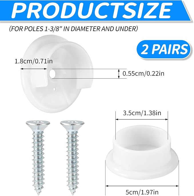 4pcs Closet Rod Holders, Plastic Tension Pole Bar Sockets for 1-3/8" Heavy Duty Wardrobe Tube Rail Support Bracket with Screws Fittings for Home Bathroom Shower Curtain Clothing Store (White)