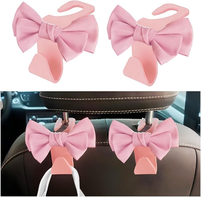 2PCS Cute Bow Car Seat Headrest Hook, Multifunctional Backseat Storage Hanger for Purse Handbag Coat, Automotive Seat Back Bag Holder Organizer, Universal for SUV RV Truck (Pink)