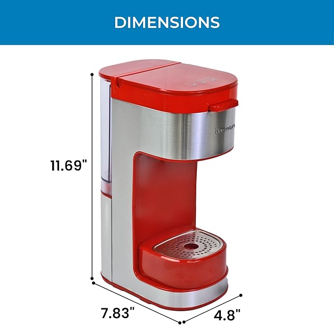 Kenmore Single Serve Coffee Maker – Compatible with Keurig K‑Cup Pods & Ground Coffee, One Cup Brewer, 6–14 Oz Brew Sizes, Travel Mug Friendly, Auto Shut‑Off, Hot & Iced Maquina de cafe, Red