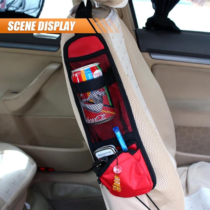 2PCS Front Seat Storage Bag, Multifunctional Seat Hanging Bag Car Mesh Net Pocket Handbag Holder, Multi-Pocket Car Seats Side Storage Organizer Holds Mobile Phone Wallet Glasses Fit for Cars (Red)