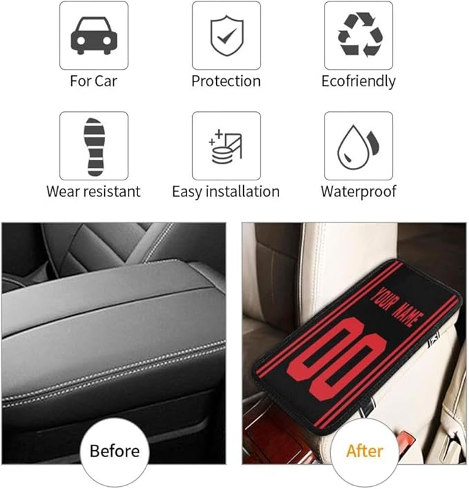 Custom Car Armrest Cover,Add Personalized Name and Number As Gifts for Loyal Football Fans,American Football Auto Center Console Pad Car handrail Box Cushion,Fit for Most Car Seat Box Cover Protector