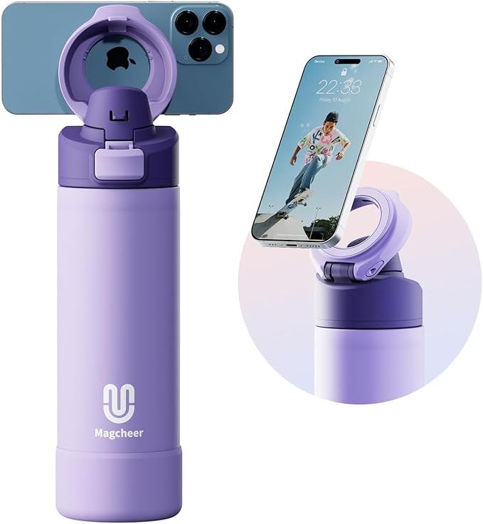 Insulated Magnetic Water Bottle - Reusable Stainless Steel Bottle with MagSafe Compatible Phone Holder - Keeps Cold for 24 Hours - Perfect for Gym, Sports, and Travel - Lavender 24oz