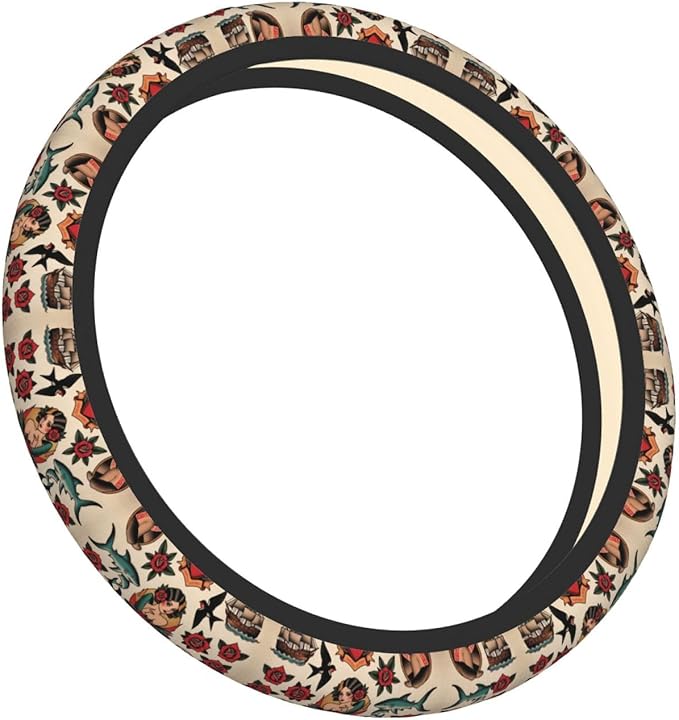 America Traditional Tattoo Car Steering Wheel Cover, 15 Inch Steering Wheel Cover Stylish Decor for Most Cars