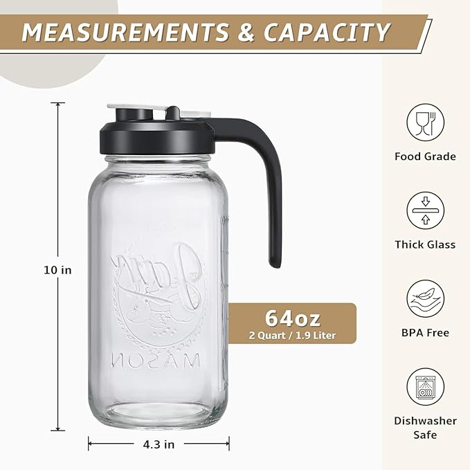 Set of 2, Glass Pitcher with Lid - 2 Quart Mason Jar Pitcher with Filter Lid, Wide Mouth Jar Leak-proof Water Jug, Heavy Duty Container for Water, Juice, Milk, Tea, Iced Coffee, and Drinks