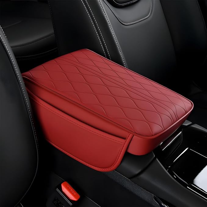 Car Center Console Cover, Leather Vehicle Arm Rest Protection Cushion with 2 Side Storage Bags, Auto Interior Armrest Storage Box Pad Accessories, Universal for SUV, Sedan, Truck (Wine Red)