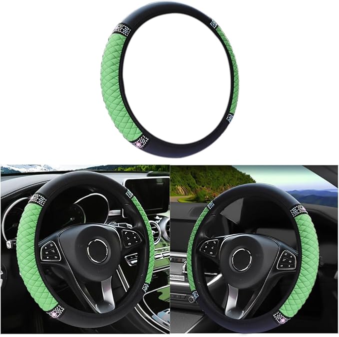 LoyaForba Bling Soft Leather Steering Wheel Cover, 15 Inch Colorful Rhinestones Auto Elastic Steering Wheel Protector, Sparkly Crystal Diamond for Women Girls, Car Accessories for Most Cars (Green)