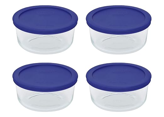 Pyrex 7201 4-Cup Glass Bowls and 7201-PC Cadet Blue Lids (4-Pack) Perfect for Meal Prep, Organization, Food Storage and so Much More - Made in USA
