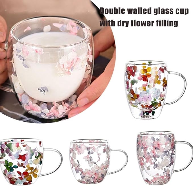 Dried Flowers Double Wall Clear Glass Coffee Mugs,Creative Clear Glass Cups with Handle, Double Insulated Glass Cup, 350ml Glass Coffee Cups