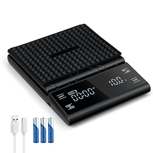 Wigearss Coffee Scale with Timer, 5kg/0.1g Accuracy, Rechargeable, Digital Precision for Espresso & Pour-Over Brewing, Digital Kitchen Scale with Auto Tare, Lit LCD Display and Silicone Cover - Black