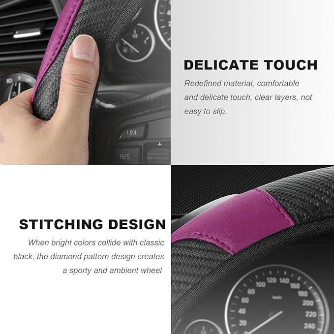 Car Steering Wheel Cover, 15 Inch Carbon Fiber Elastic Vehicle Steering Wheel Protector, Breathable Leather Auto Wheel Covers for Women Men, Interior Car Accessories (Black & Purple)