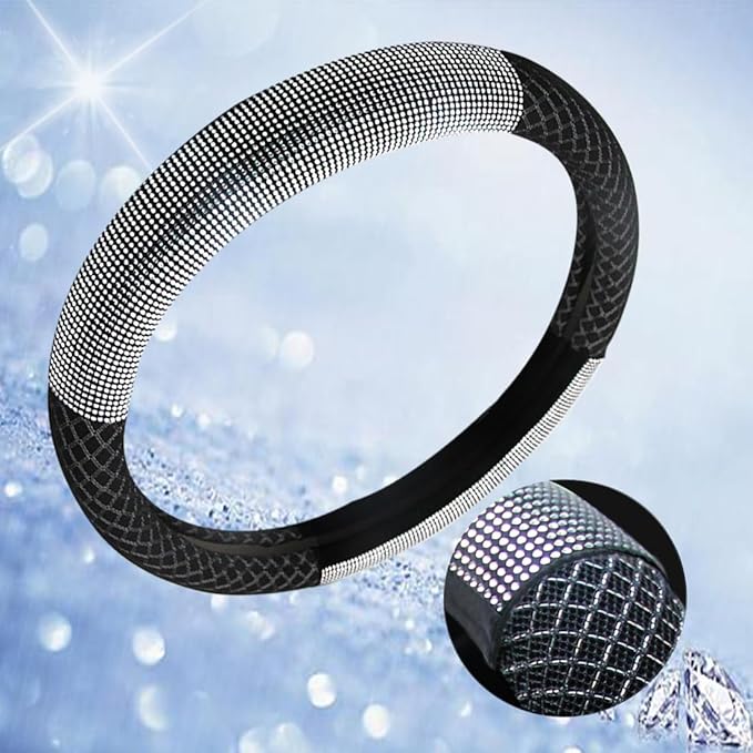 Bling Steering Wheel Cover, Bling Crystal Rhinestone Steering Wheel Cover Universal, 15 Inch Sparkling Anti-Slip Wheel Protector for Women or Girls, Easy Installation and Cleaning(Half Black)