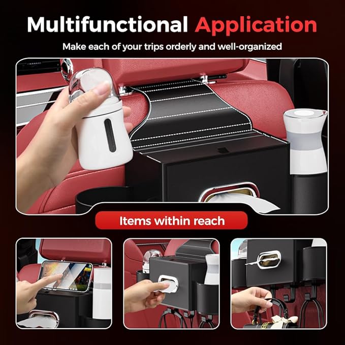 3-in-1 Car Backseat Organizer with Cup Holder, Tissue Box, Trash Bin & Hooks,Multifunctional Back Seat Car Organizer for Hold Phones,Snacks,Drinks,and Handbags (A-Coffee)