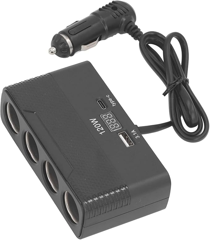 SUNGOOYUE Car Cigarette Lighter Splitter, Durable Efficient Vehicle Charger with Voltage Display, USB TypeC Port - Suitable for All Car Owners