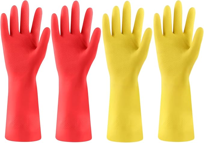 Rubber Kitchen Dishwashing Gloves - 4 Pairs Colorful Reusable Cleaning Gloves for Kitchen Washing Dishes and Household Cleaning (Medium, Yellow+Red)