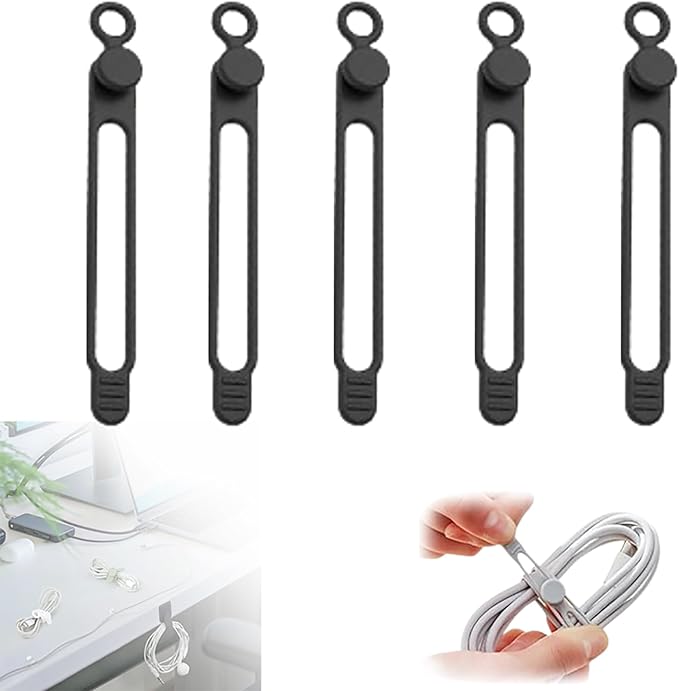 Silicone Cable Ties, Data Cable Organizer, Reusable Cable Management, Multipurpose Elastic Cord Organizer, Black, 5Pack