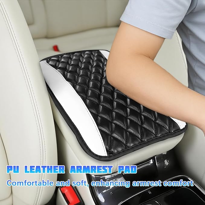 Car Center Console Cover, Comfortable PU Leather Vehicle Armrest Storage Box Cushion Pad, Anti-Scratch Automotive Interior Arm Rest Cover Protector, Universal for Truck SUV Sedan (White)