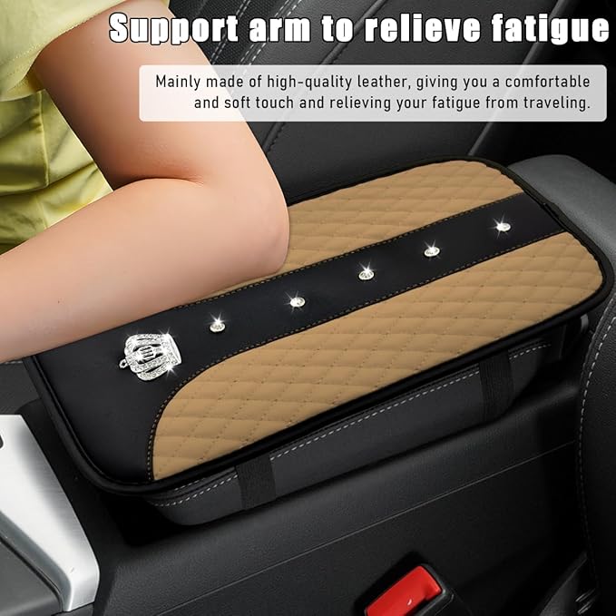 Bling Crown Car Center Console Mats, Anti-Slip and Waterproof Crystal Car Armrest Pad Protector, Universal Rustproof Armrest Decor Cushion for Cars & SUVs, Car Accessories (Beige)